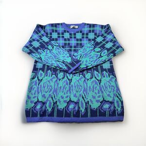 Vintage Michael Andre 80s Abstract Floral Sweater | Made in Korea Blue Green